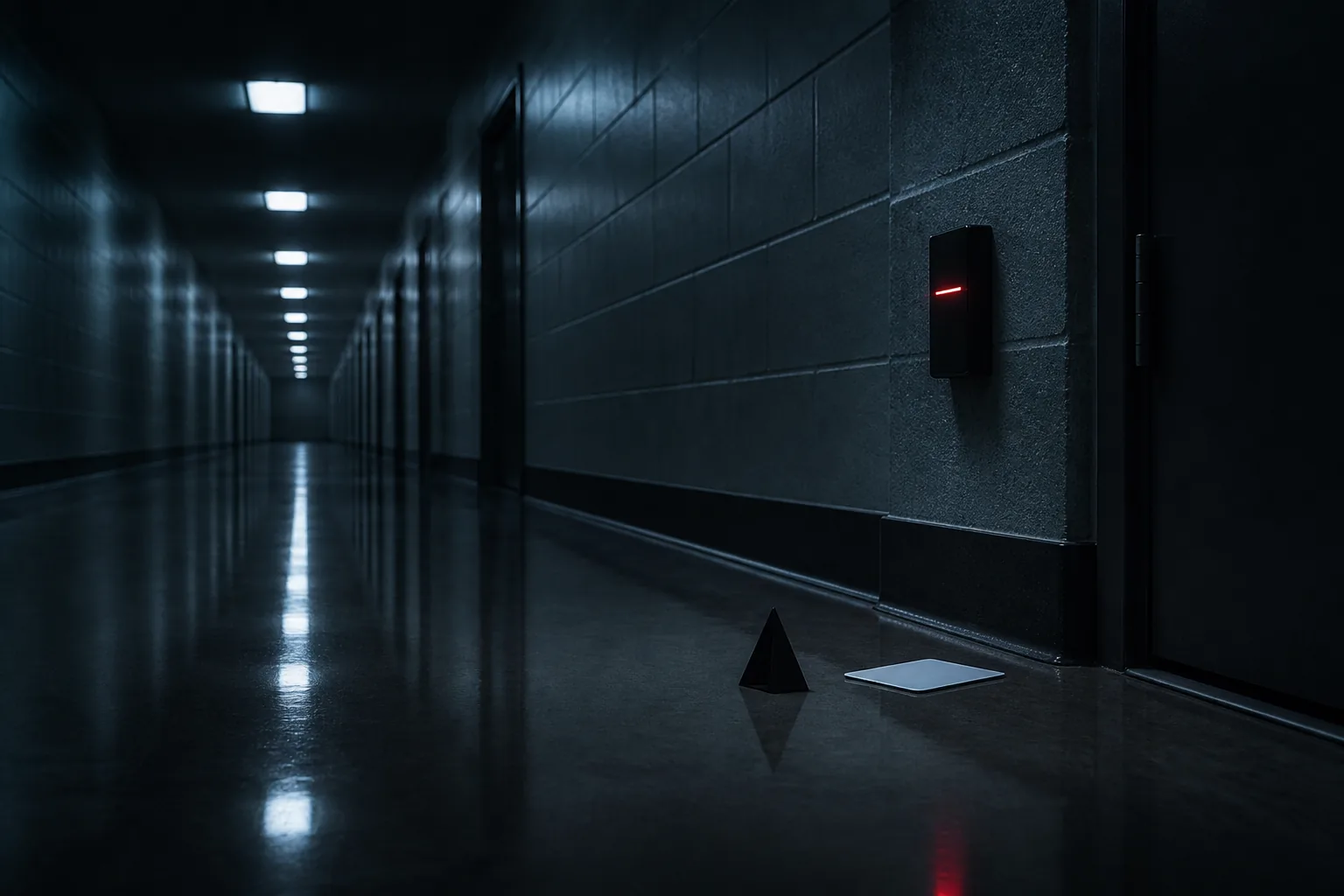 Pasillo institucional vacío con una tarjeta de acceso junto a un lector con luz roja